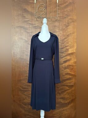 TAHARI ASL Long Sleeve Pleated Suit Dress Womens 14 Navy Blue Belted Career EUC
